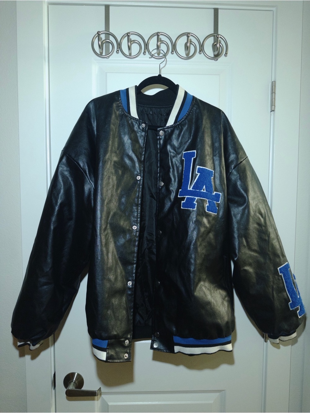 LA Graphic Black Leather-Style Varsity Jacket